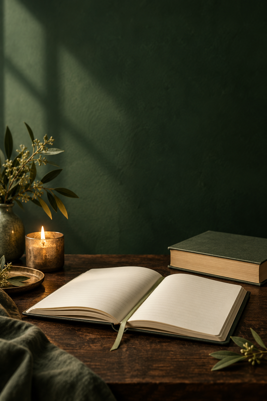 Open journal on a dark wooden table beside a candle and botanical leaves